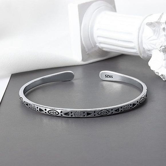 Boho Engraved 925 Sterling‎ Silver Cuff Bracelet, 58cm Adjustable - Picture 3 of 15